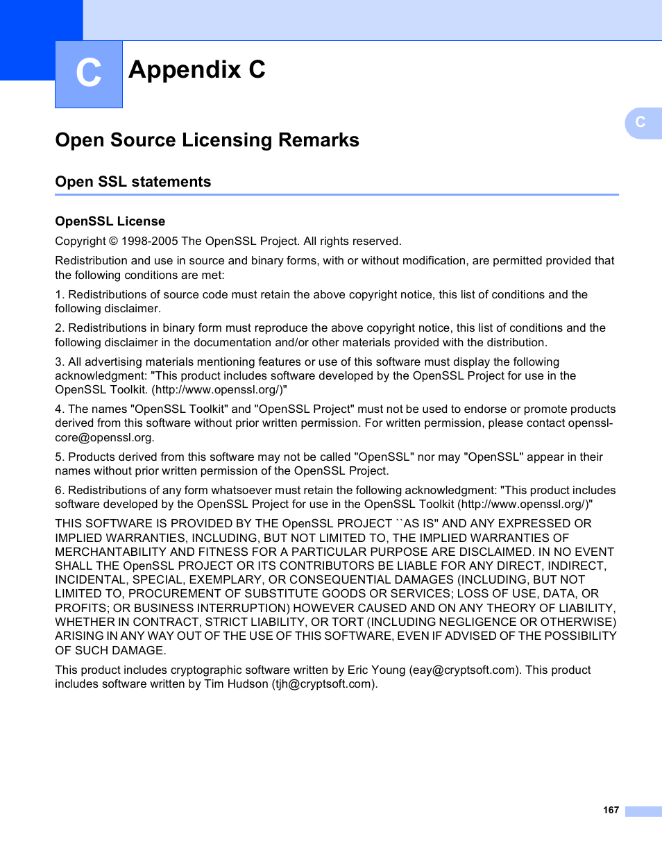 Appendix c, Open source licensing remarks, Open ssl statements | Openssl license | Brother HL 4040CN User Manual | Page 174 / 177