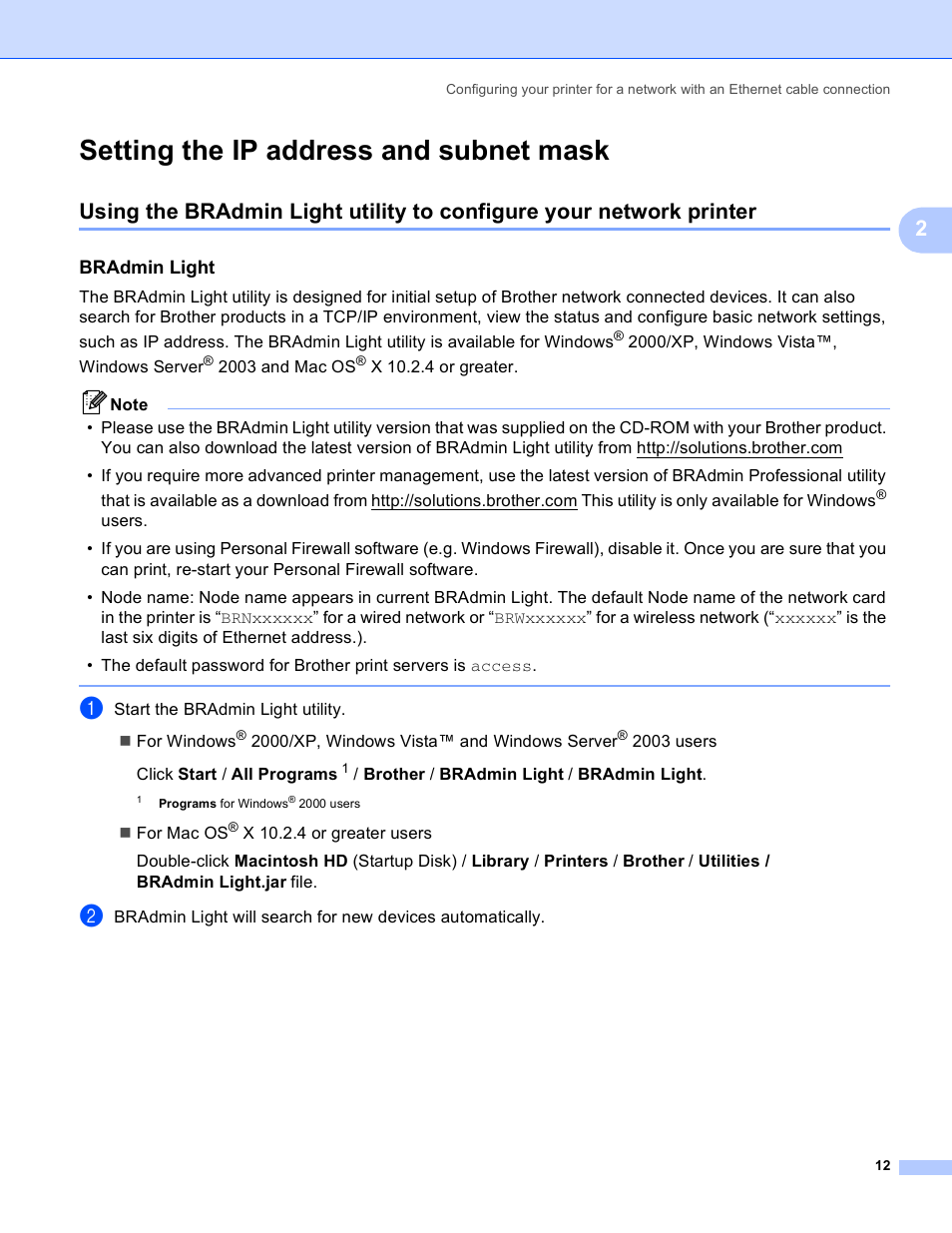 Setting the ip address and subnet mask, Bradmin light | Brother HL 4040CN User Manual | Page 19 / 177