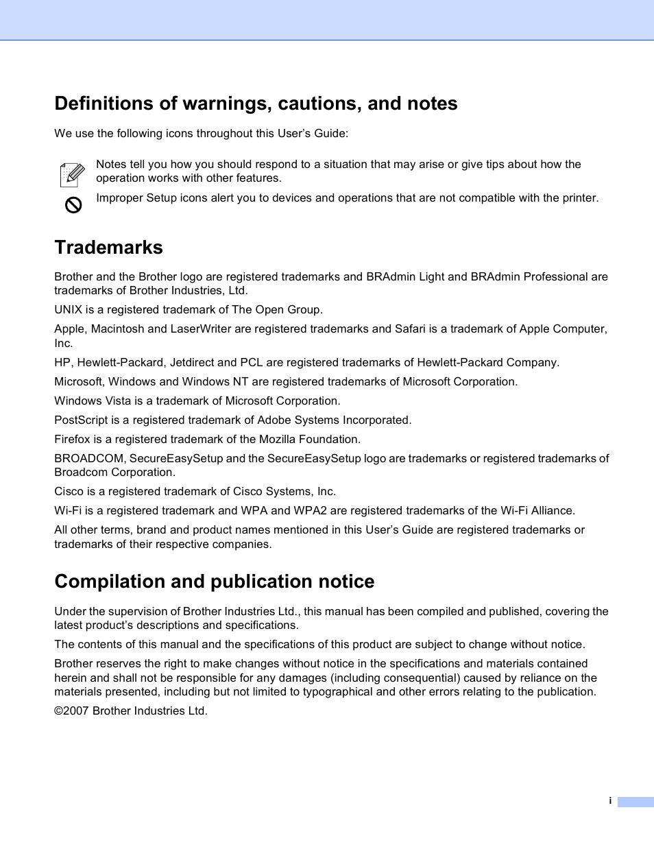 Definitions of warnings, cautions, and notes, Trademarks, Compilation and publication notice | Brother HL 4040CN User Manual | Page 2 / 177