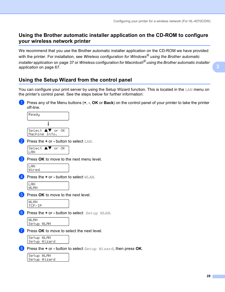 Using the setup wizard from the control panel, Printer | Brother HL 4040CN User Manual | Page 35 / 177