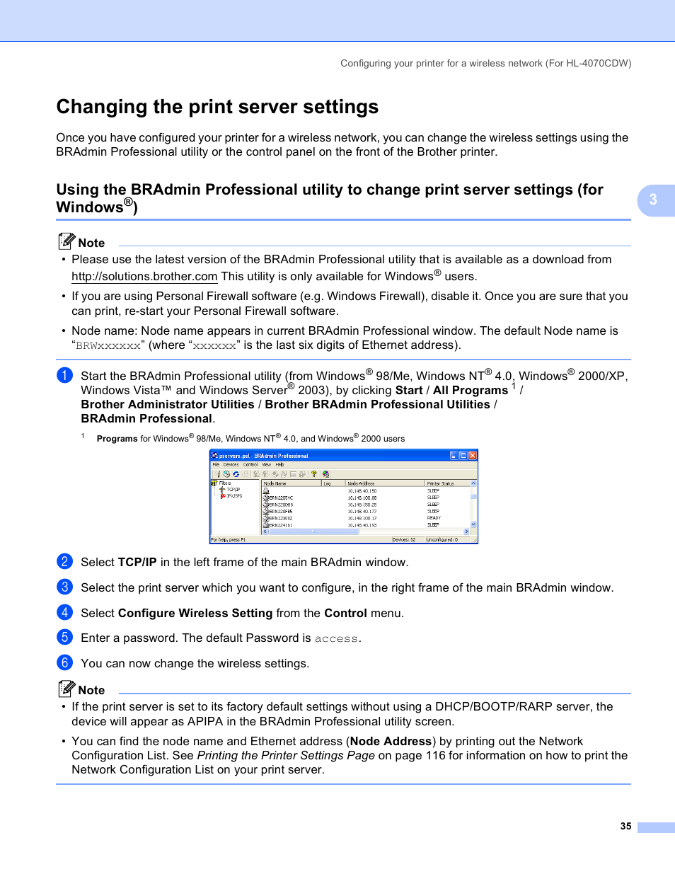 Changing the print server settings | Brother HL 4040CN User Manual | Page 42 / 177