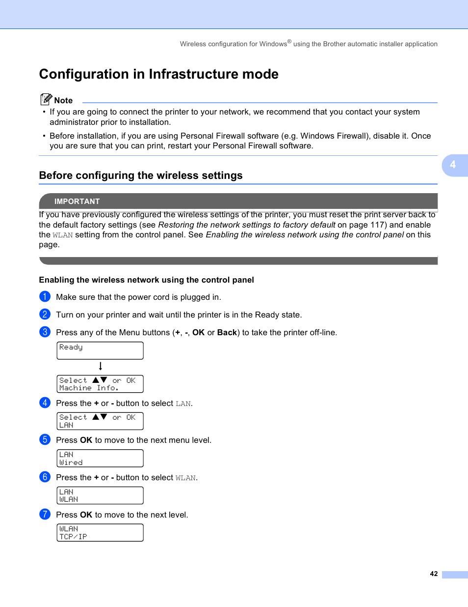 Configuration in infrastructure mode, Before configuring the wireless settings | Brother HL 4040CN User Manual | Page 49 / 177