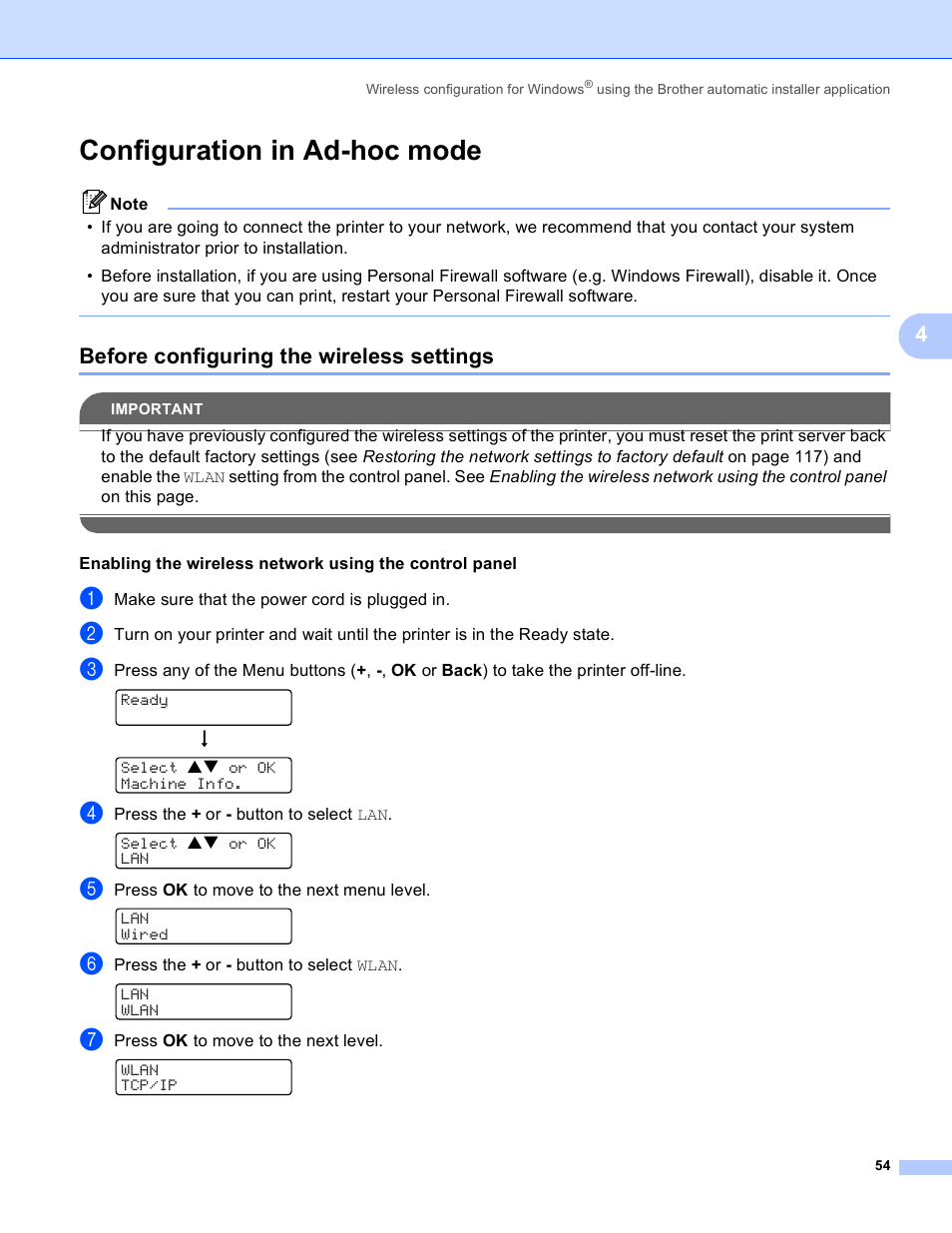 Configuration in ad-hoc mode, Before configuring the wireless settings | Brother HL 4040CN User Manual | Page 61 / 177