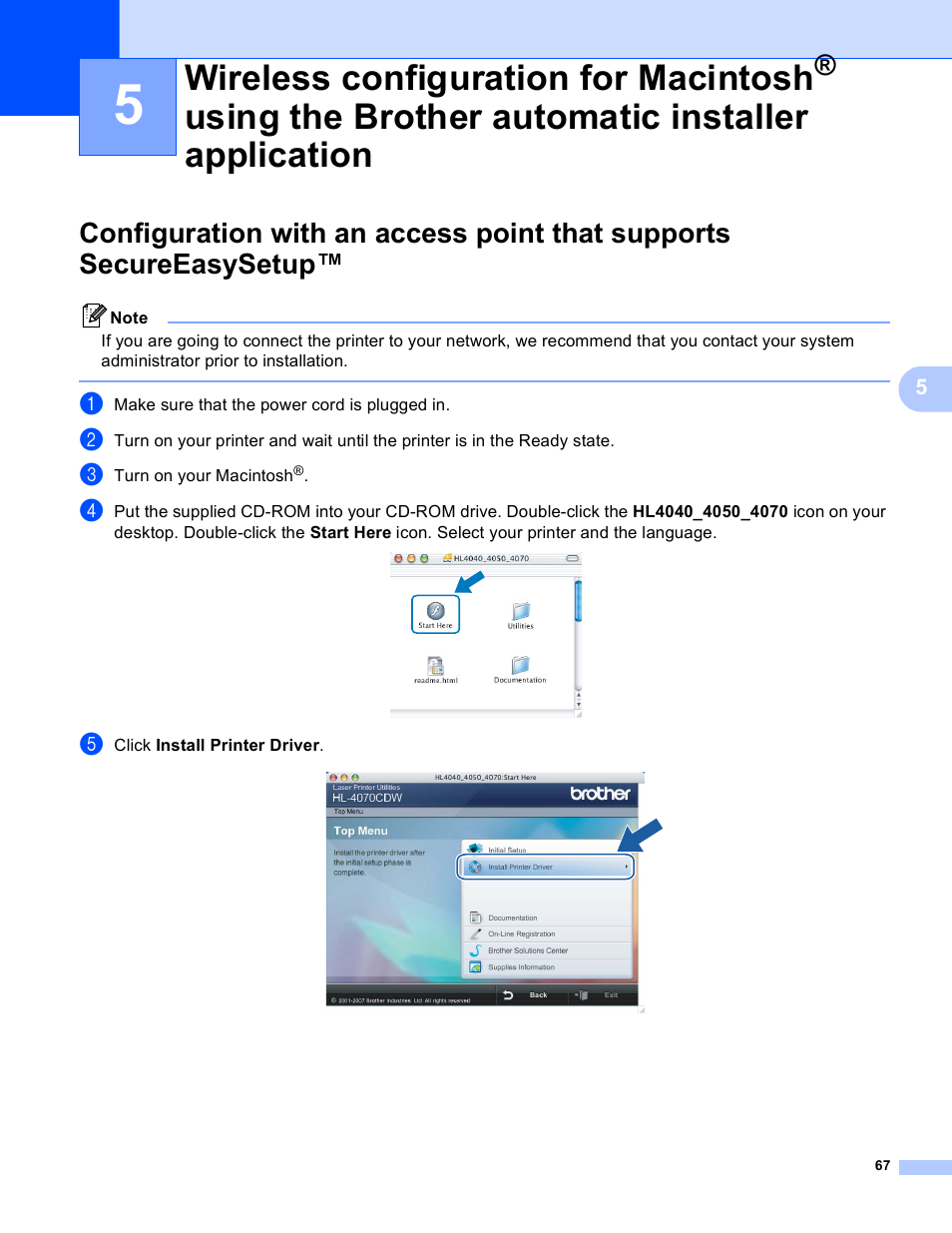 Wireless configuration for macintosh, Using the brother automatic installer, Using the brother automatic installer application | Brother HL 4040CN User Manual | Page 74 / 177