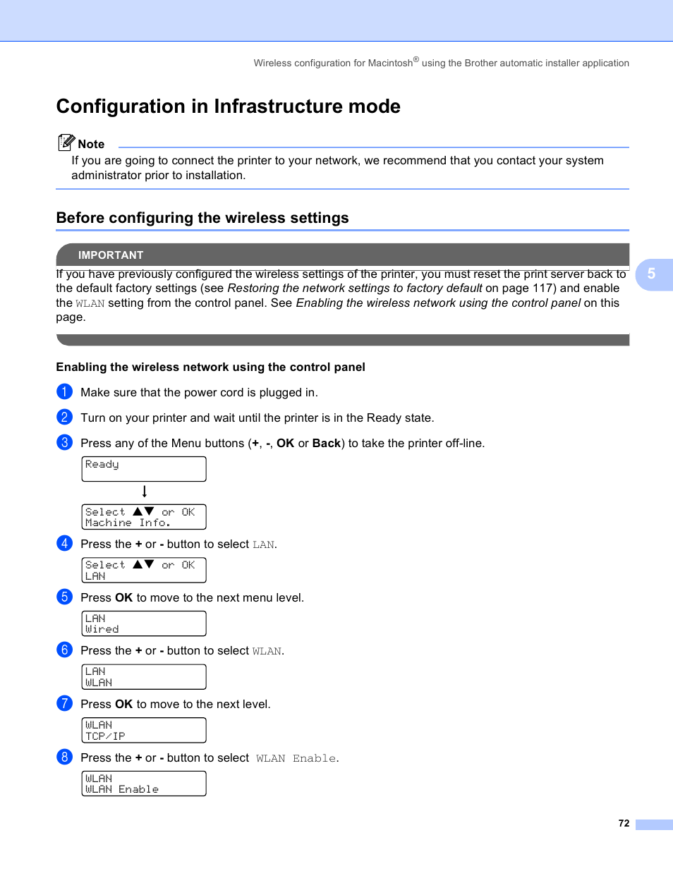 Configuration in infrastructure mode, Before configuring the wireless settings | Brother HL 4040CN User Manual | Page 79 / 177