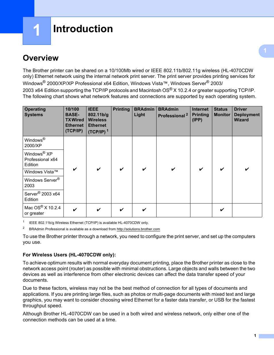 1 introduction, Overview, Introduction | Brother HL 4040CN User Manual | Page 8 / 177