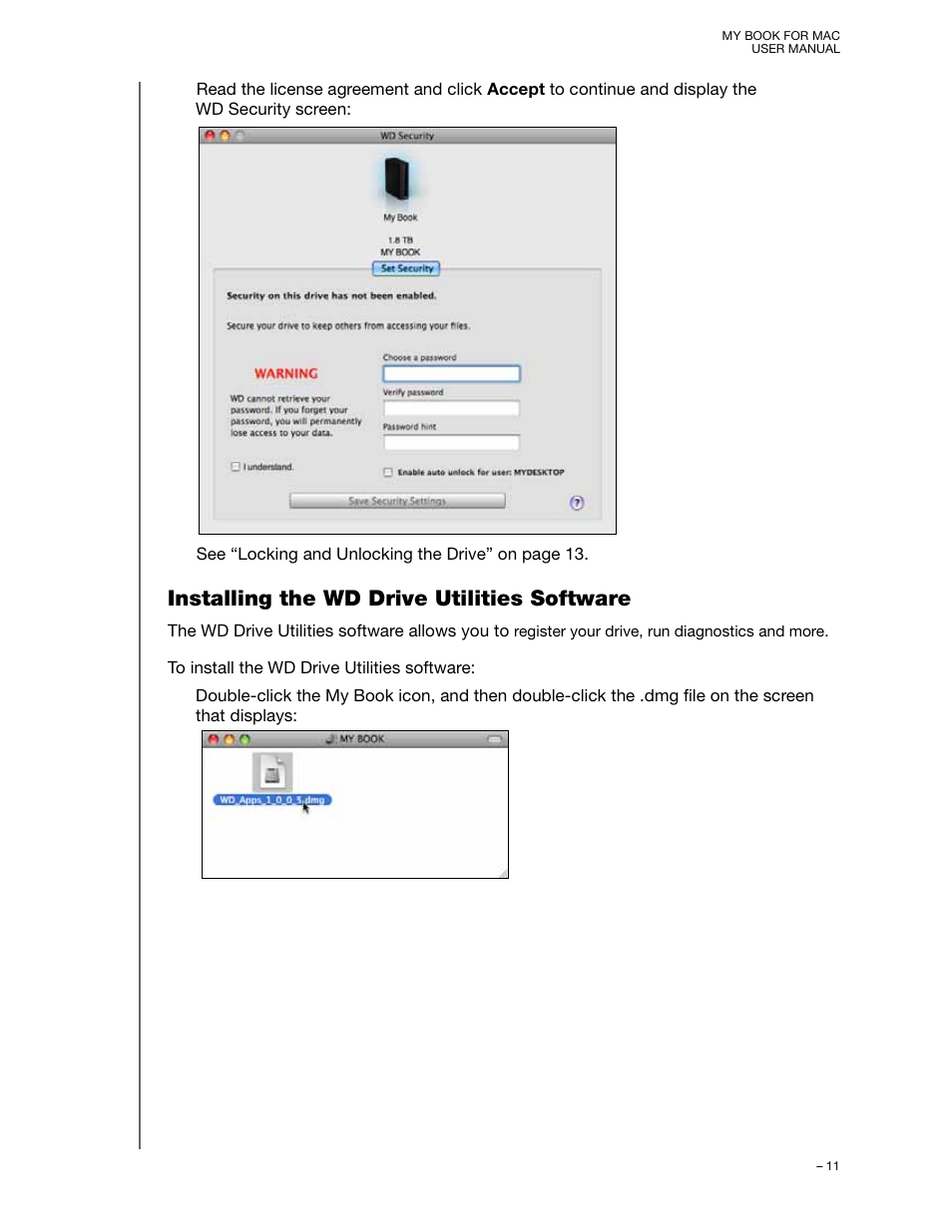 Installing the wd drive utilities software, Ee “installing the wd drive utilities software” on | Western Digital My Book for Mac (USB 3.0) User Manual User Manual | Page 15 / 43