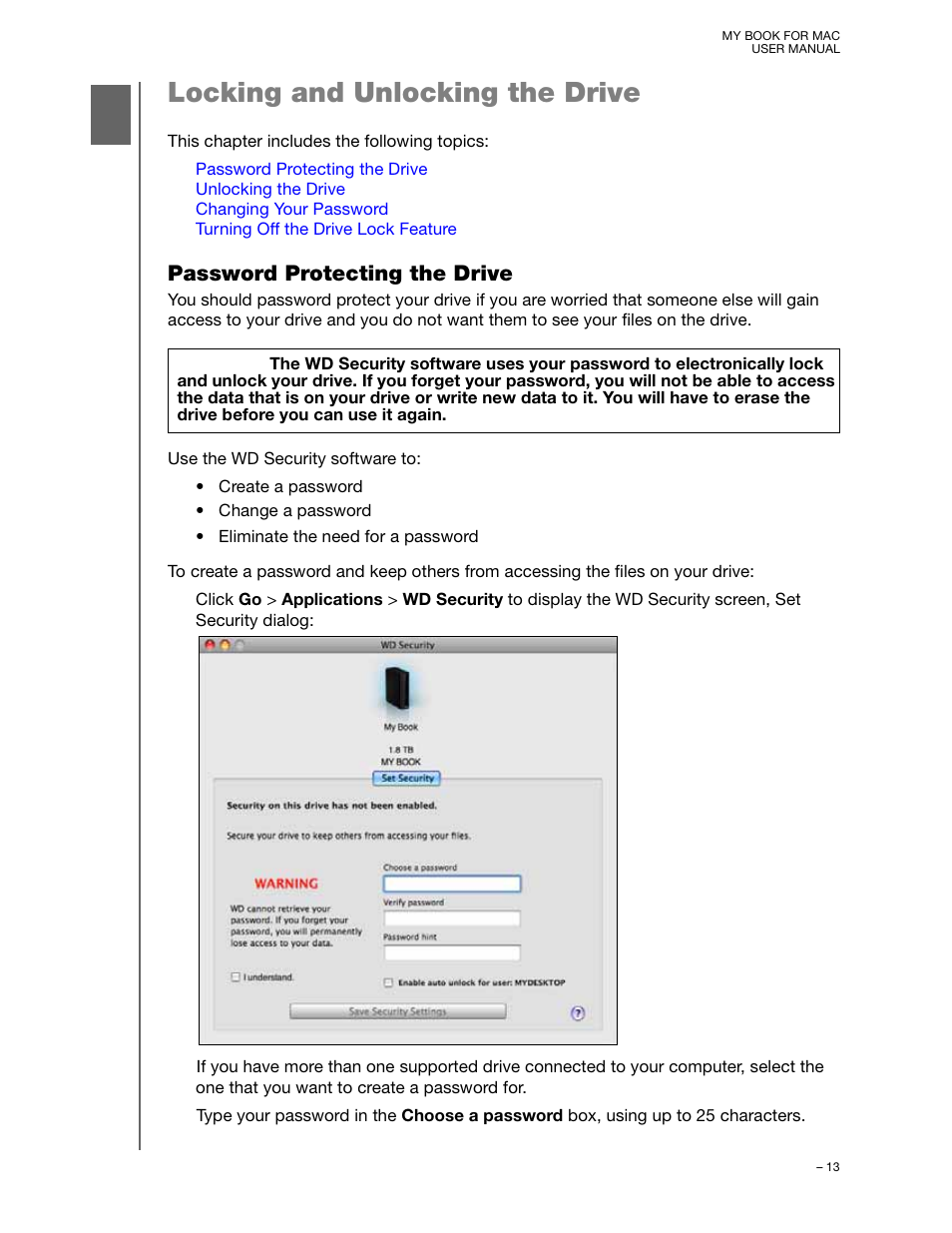 Locking and unlocking the drive, Password protecting the drive | Western Digital My Book for Mac (USB 3.0) User Manual User Manual | Page 17 / 43