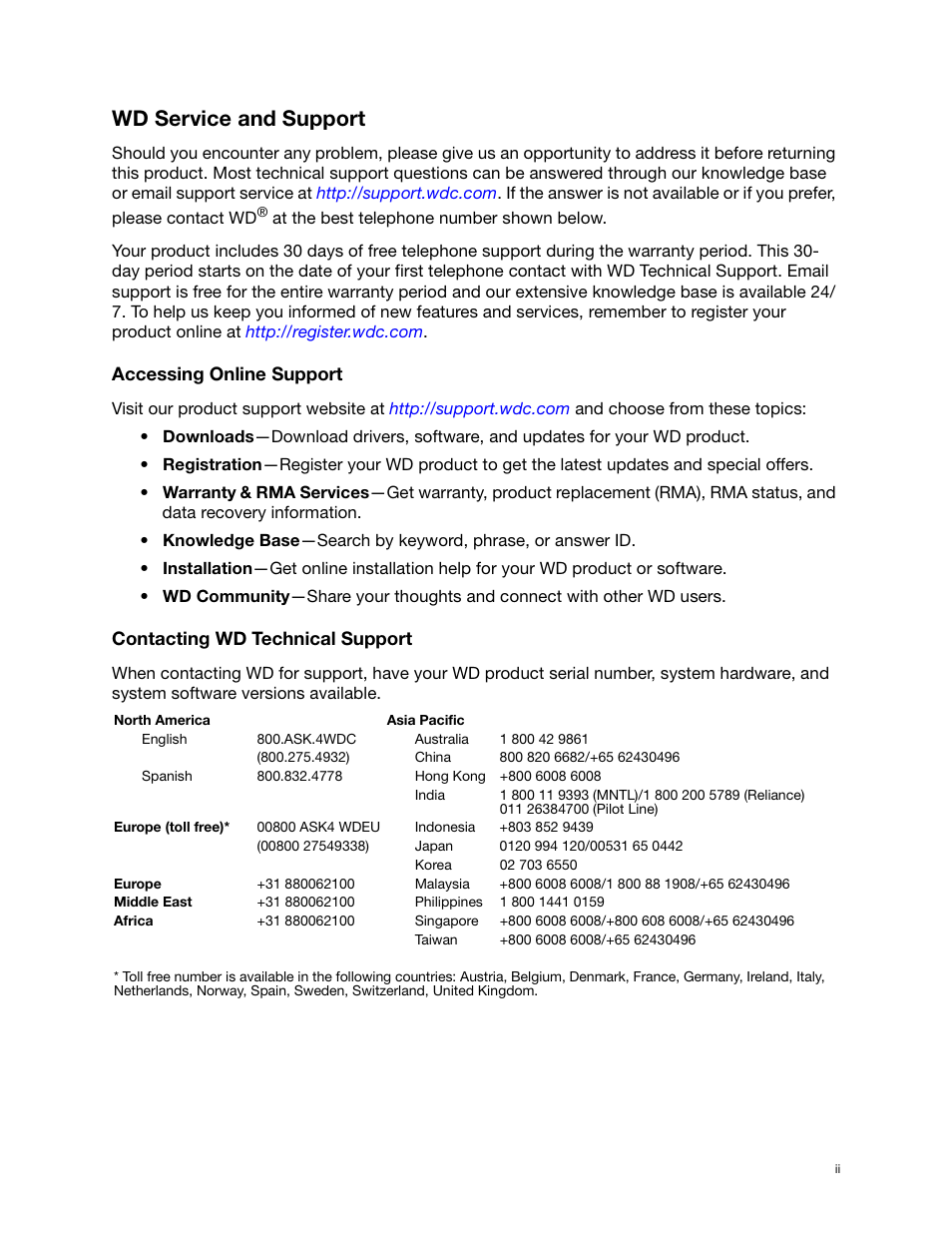 Wd service and support, Accessing online support, Contacting wd technical support | Western Digital My Book for Mac (USB 3.0) User Manual User Manual | Page 2 / 43