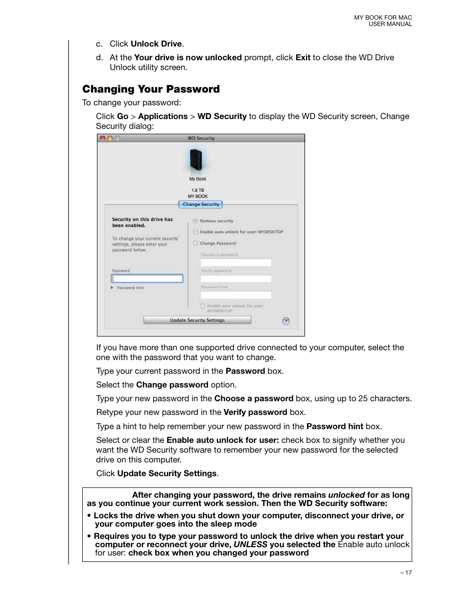 Changing your password | Western Digital My Book for Mac (USB 3.0) User Manual User Manual | Page 21 / 43