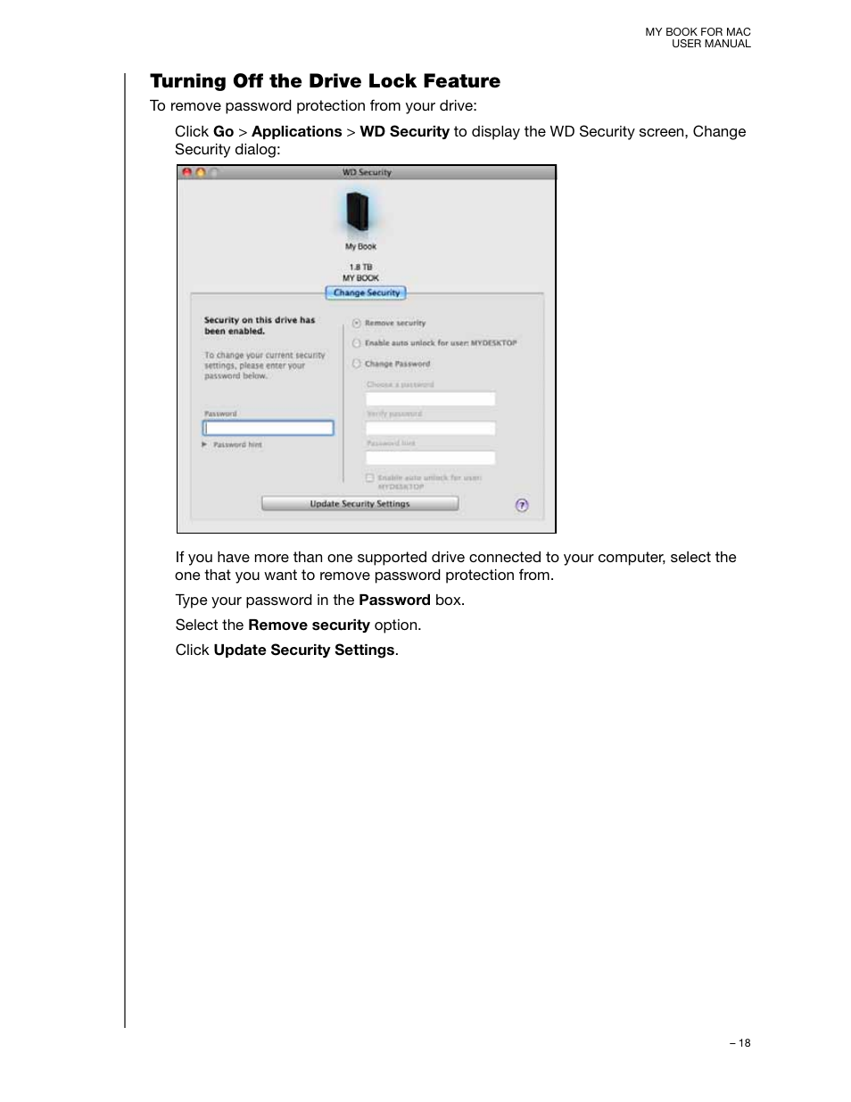 Turning off the drive lock feature | Western Digital My Book for Mac (USB 3.0) User Manual User Manual | Page 22 / 43