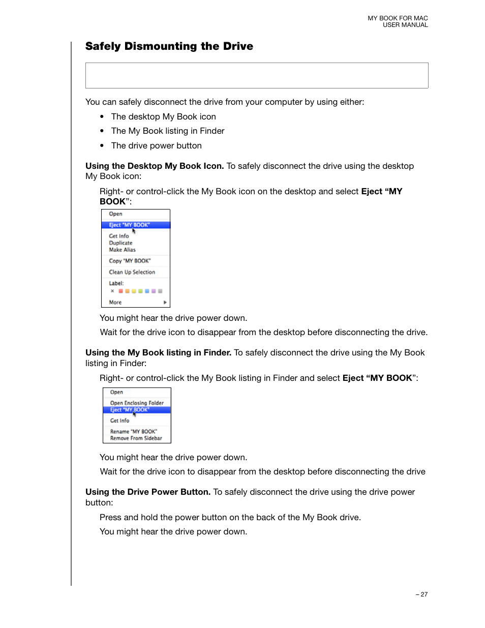 Safely dismounting the drive | Western Digital My Book for Mac (USB 3.0) User Manual User Manual | Page 31 / 43
