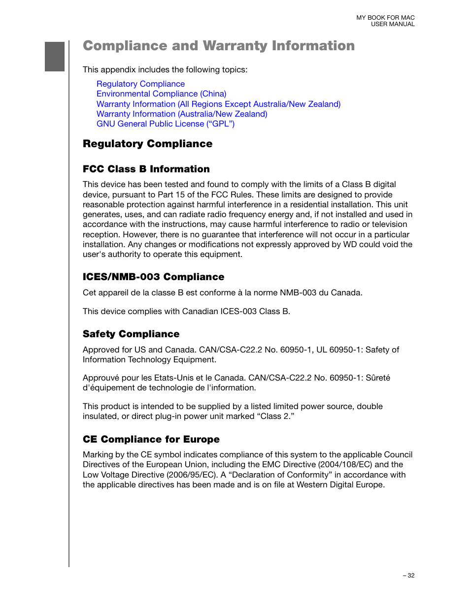 Compliance and warranty information, Regulatory compliance, Fcc class b information | Ices/nmb-003 compliance, Safety compliance, Ce compliance for europe | Western Digital My Book for Mac (USB 3.0) User Manual User Manual | Page 36 / 43