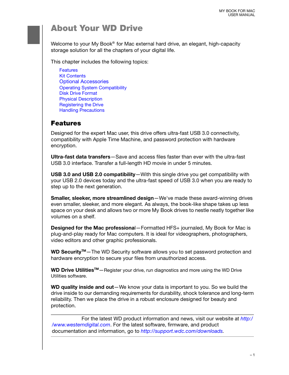 About your wd drive, Features | Western Digital My Book for Mac (USB 3.0) User Manual User Manual | Page 5 / 43