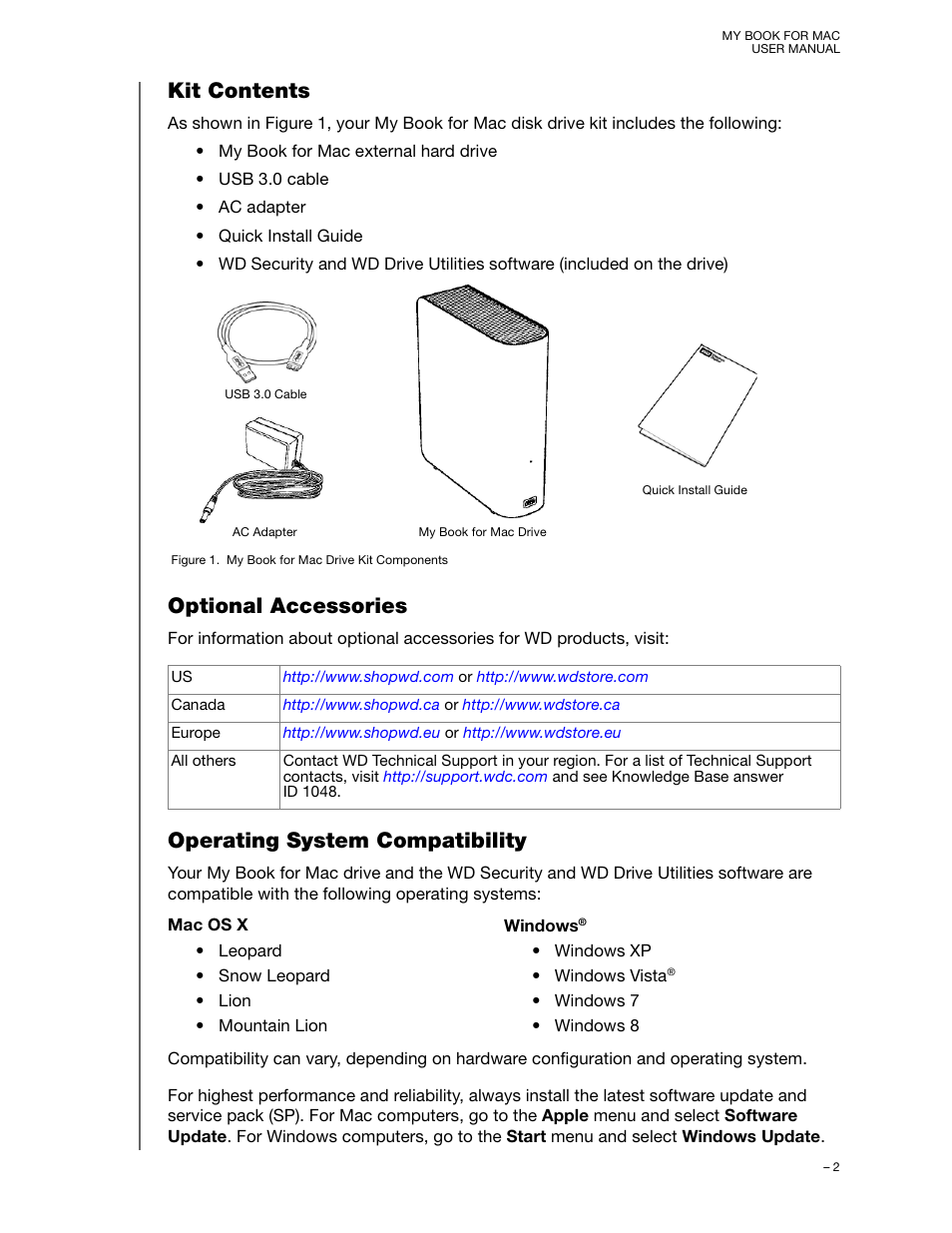 Kit contents, Optional accessories, Operating system compatibility | Western Digital My Book for Mac (USB 3.0) User Manual User Manual | Page 6 / 43