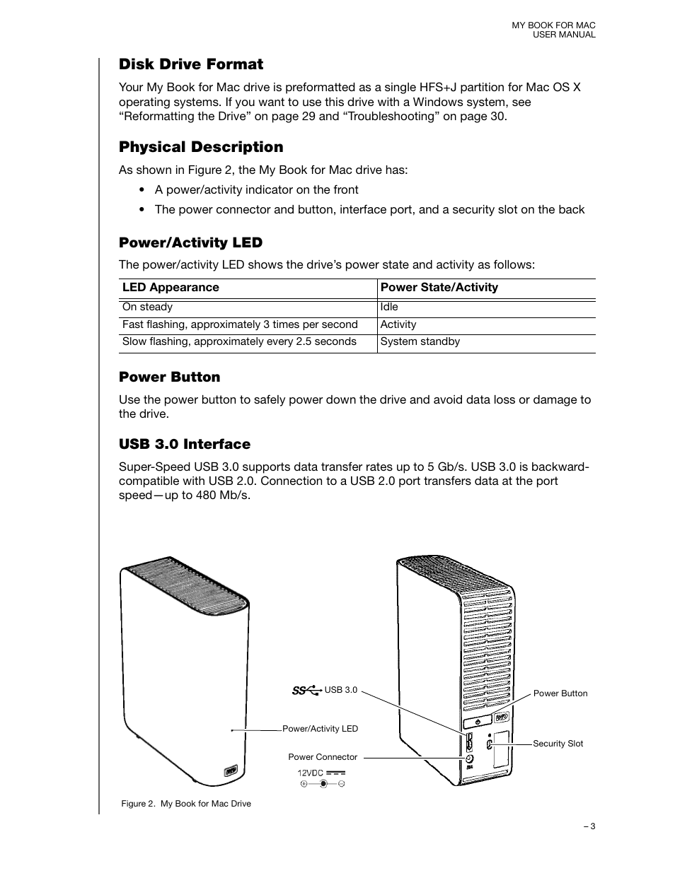 Disk drive format, Physical description, Power/activity led | Power button, Usb 3.0 interface, Disk drive format physical description | Western Digital My Book for Mac (USB 3.0) User Manual User Manual | Page 7 / 43