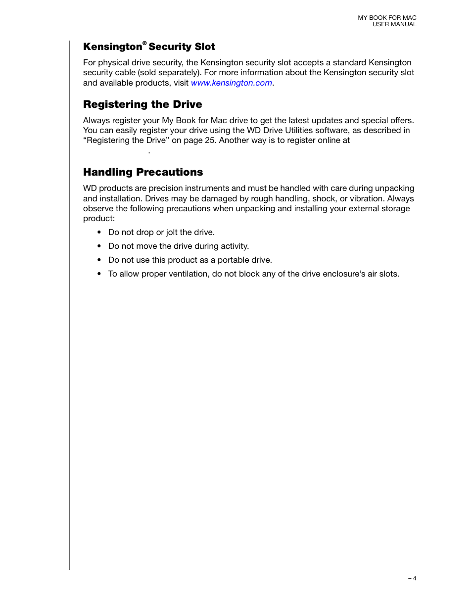 Kensington® security slot, Registering the drive, Handling precautions | Kensington, Registering the drive handling precautions, Security slot | Western Digital My Book for Mac (USB 3.0) User Manual User Manual | Page 8 / 43