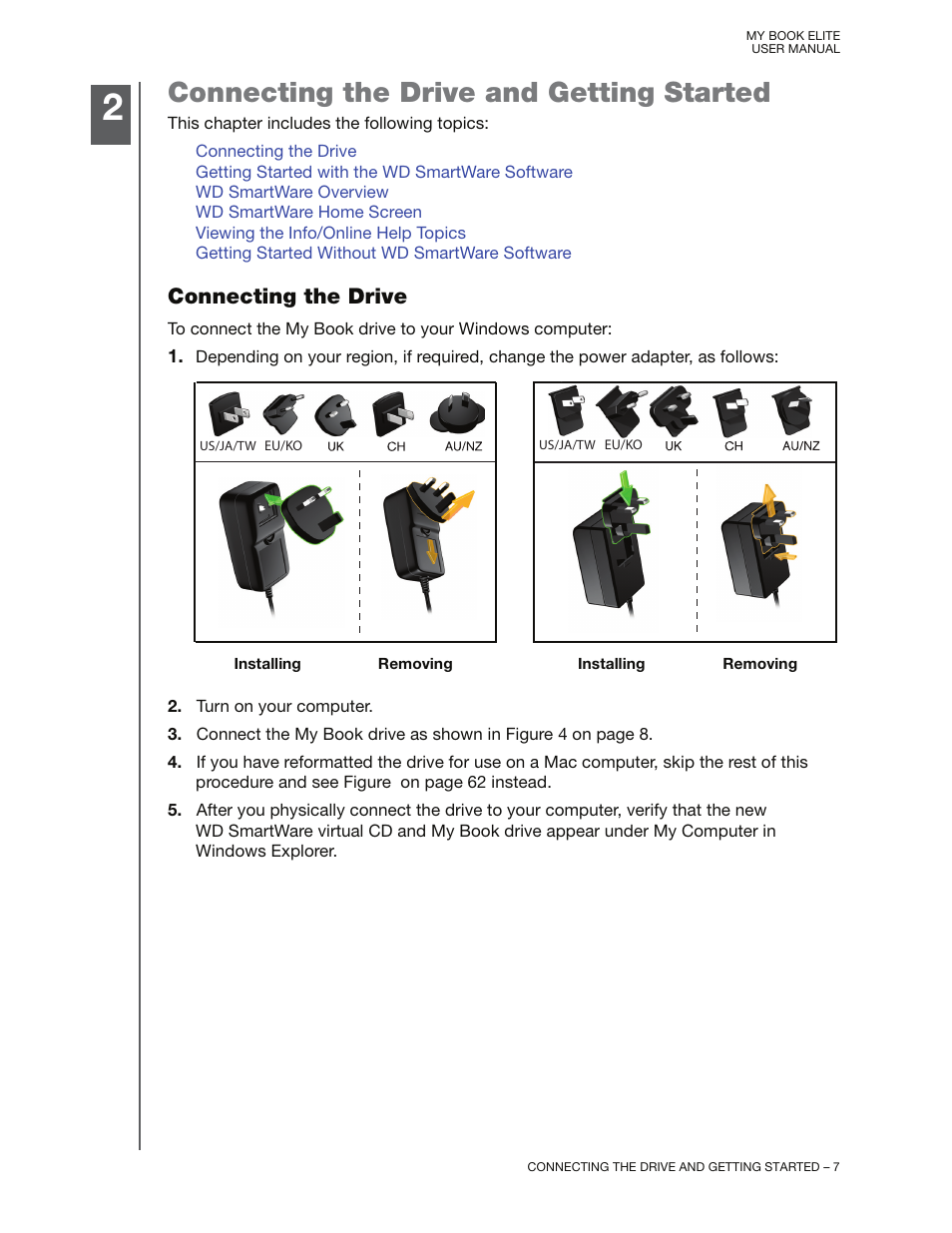 Connecting the drive and getting started, Connecting the drive | Western Digital My Book Elite User Manual User Manual | Page 12 / 85