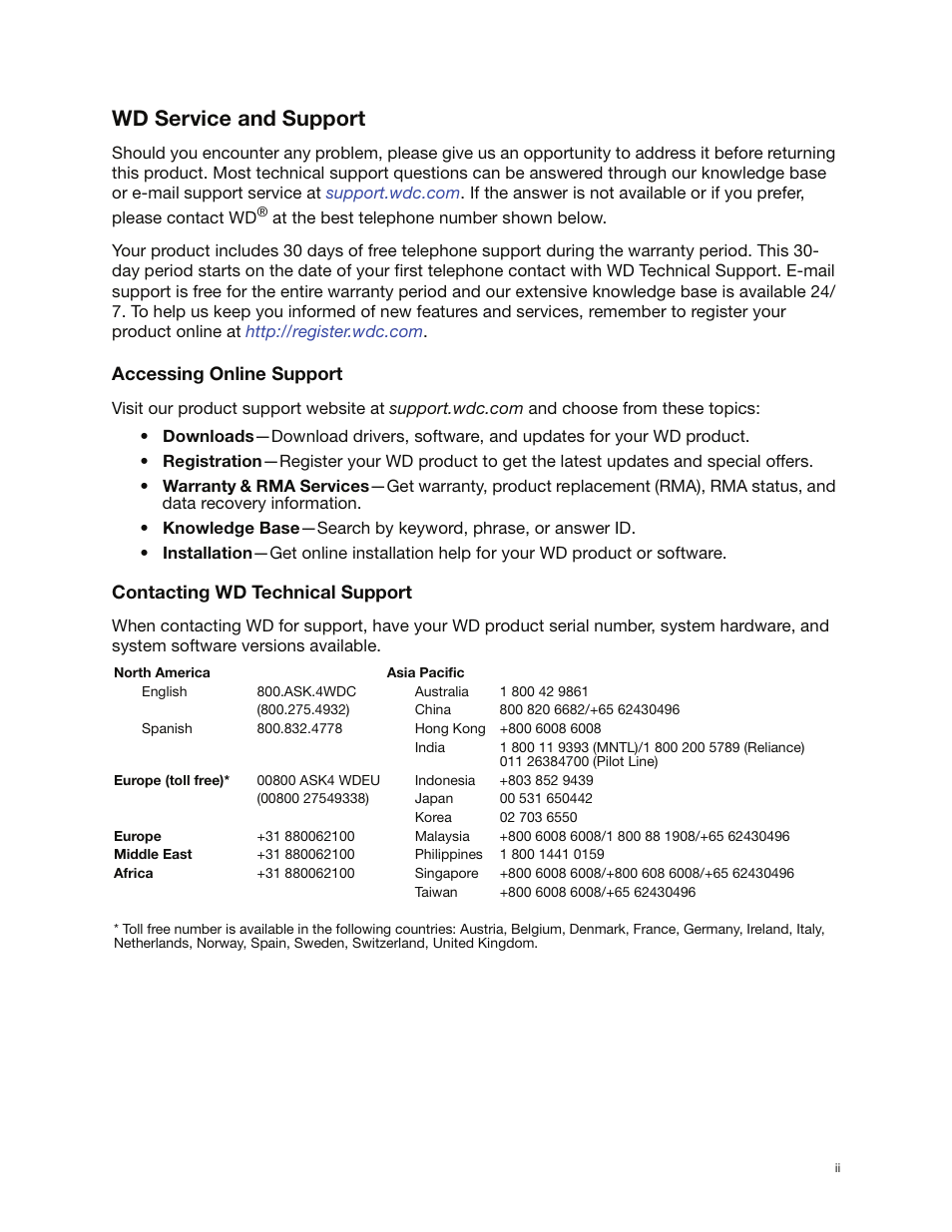 Wd service and support, Accessing online support, Contacting wd technical support | Western Digital My Book Elite User Manual User Manual | Page 2 / 85