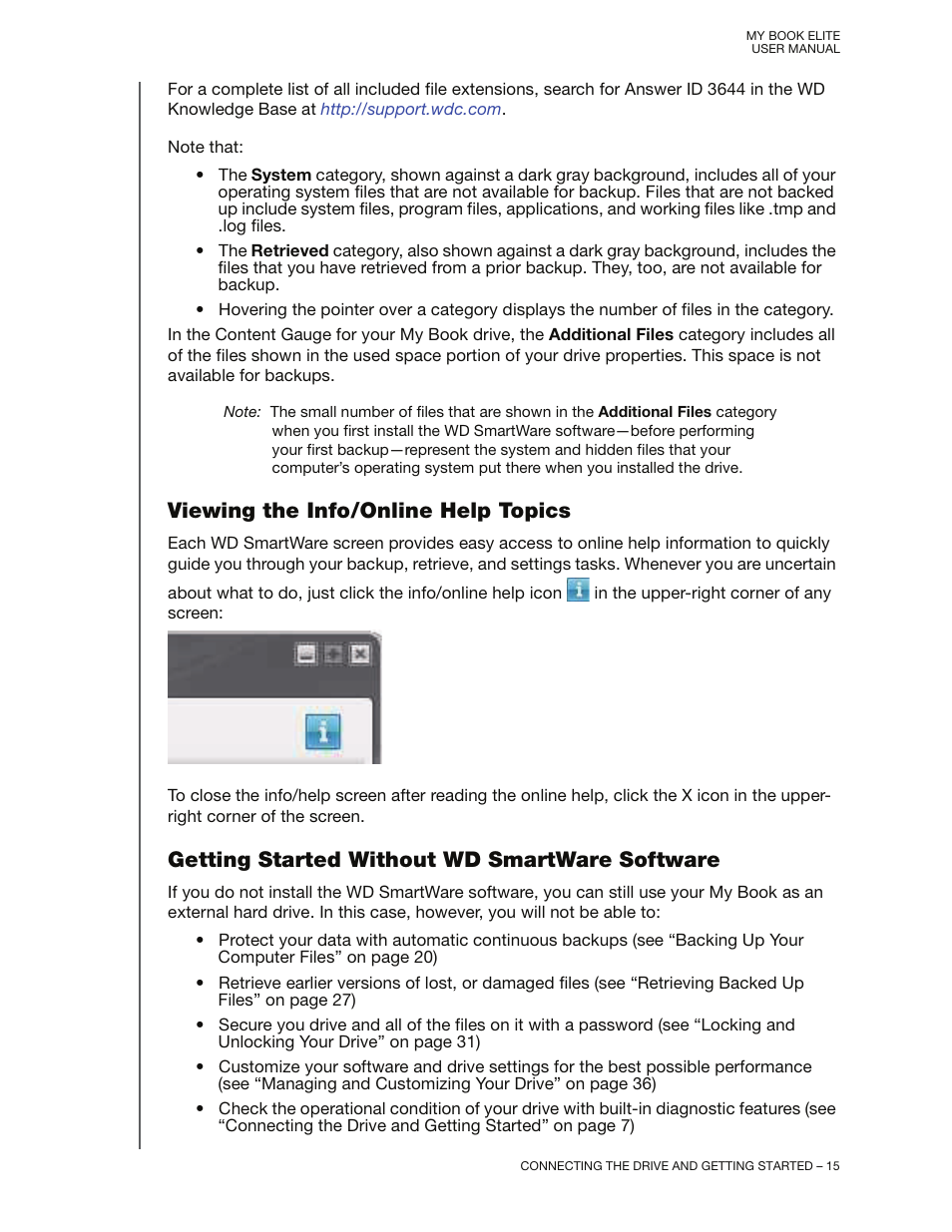 Viewing the info/online help topics, Getting started without wd smartware software | Western Digital My Book Elite User Manual User Manual | Page 20 / 85