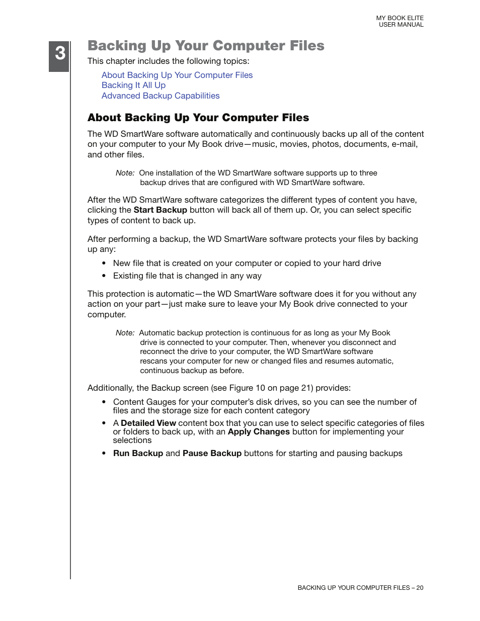 Backing up your computer files, About backing up your computer files, Ups (see “backing up your | Western Digital My Book Elite User Manual User Manual | Page 25 / 85