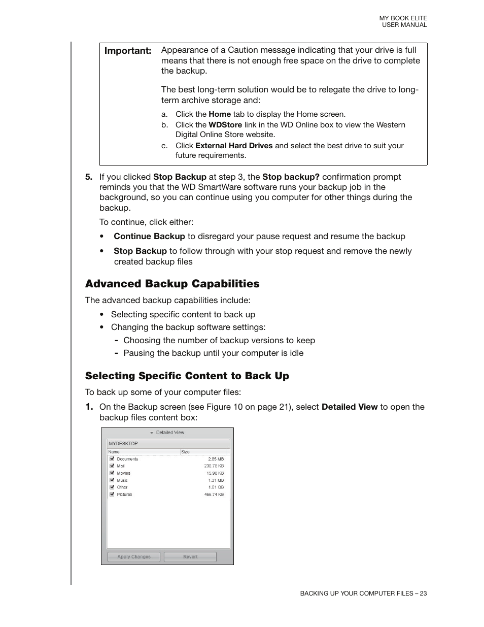 Advanced backup capabilities, Selecting specific content to back up | Western Digital My Book Elite User Manual User Manual | Page 28 / 85