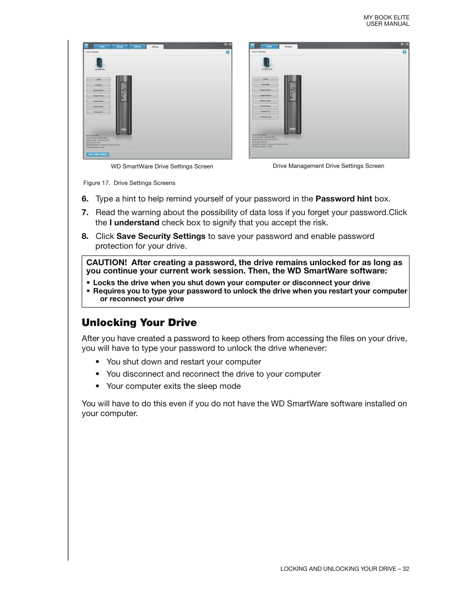 Unlocking your drive | Western Digital My Book Elite User Manual User Manual | Page 37 / 85
