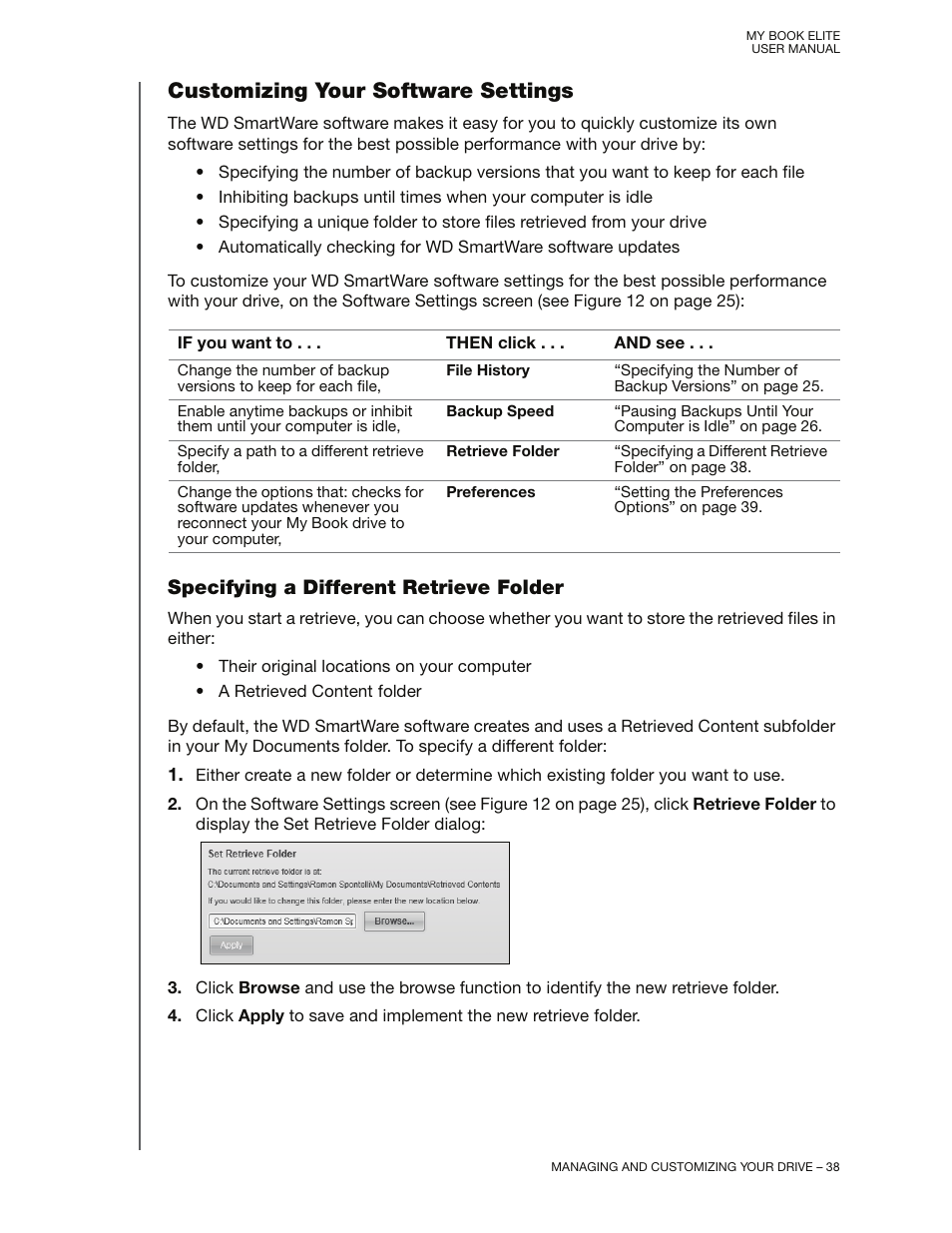 Customizing your software settings, Specifying a different retrieve folder | Western Digital My Book Elite User Manual User Manual | Page 43 / 85