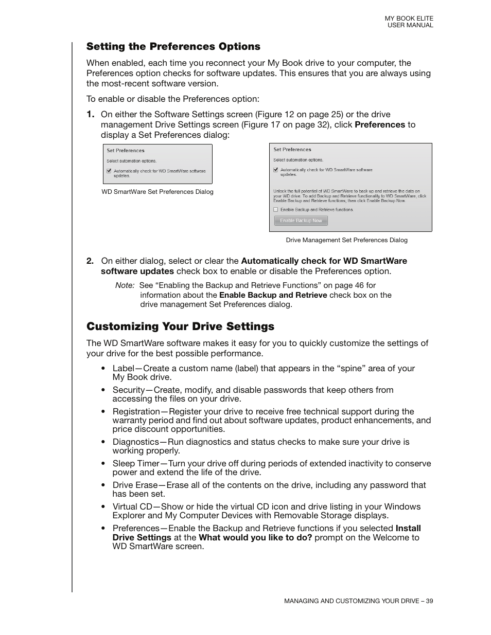 Setting the preferences options, Customizing your drive settings | Western Digital My Book Elite User Manual User Manual | Page 44 / 85