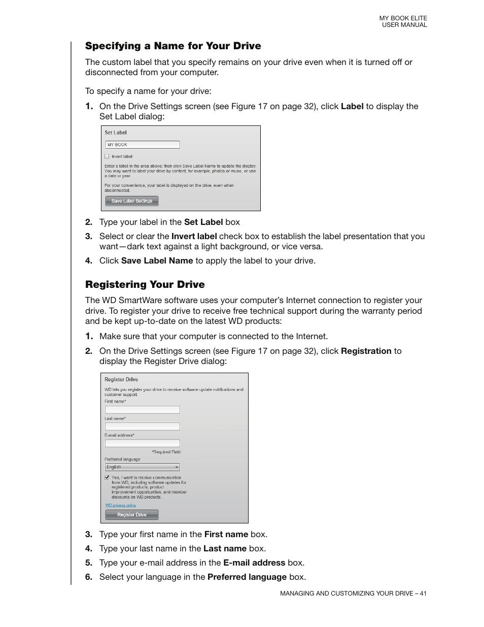 Specifying a name for your drive, Registering your drive | Western Digital My Book Elite User Manual User Manual | Page 46 / 85