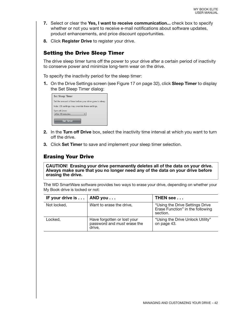 Setting the drive sleep timer, Erasing your drive | Western Digital My Book Elite User Manual User Manual | Page 47 / 85