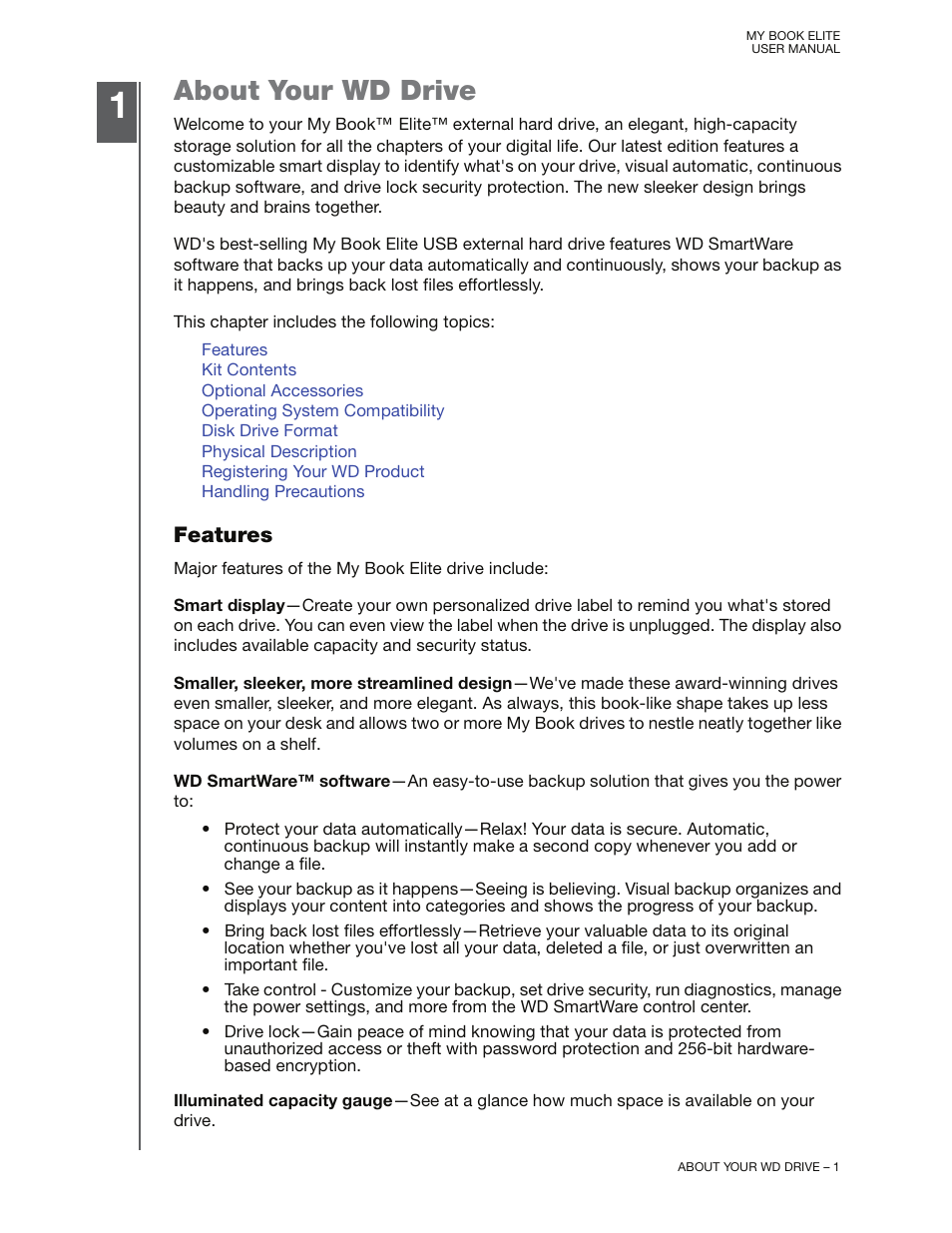 About your wd drive, Features | Western Digital My Book Elite User Manual User Manual | Page 6 / 85
