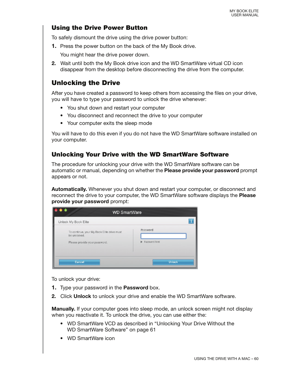 Using the drive power button, Unlocking the drive | Western Digital My Book Elite User Manual User Manual | Page 65 / 85