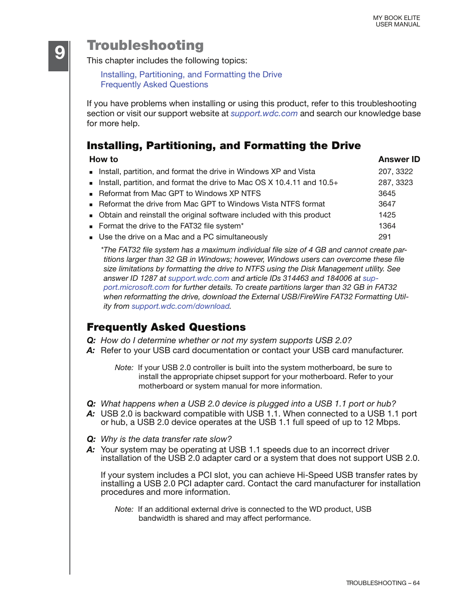 Troubleshooting, Installing, partitioning, and formatting the drive, Frequently asked questions | Western Digital My Book Elite User Manual User Manual | Page 69 / 85