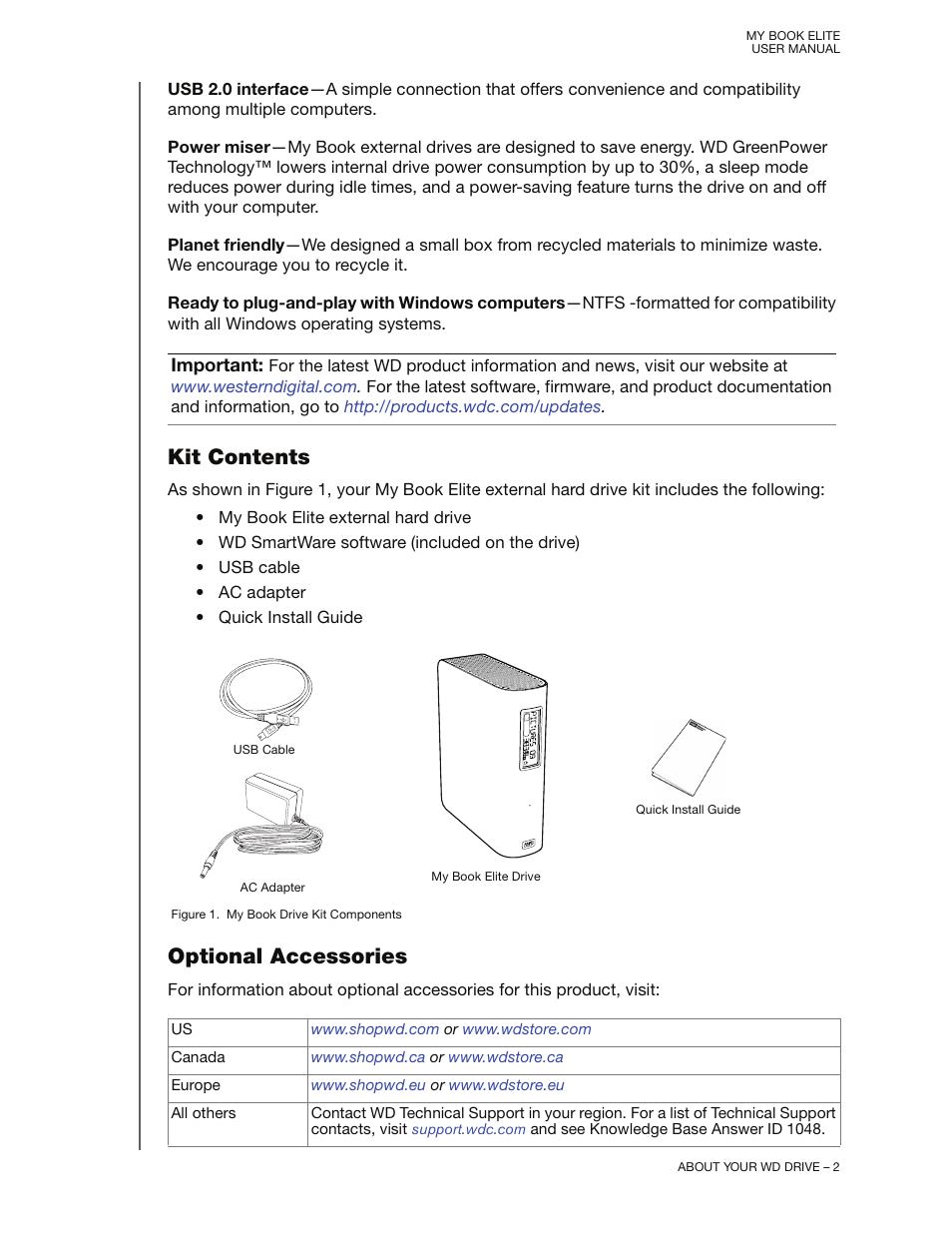 Kit contents, Optional accessories, Kit contents optional accessories | Western Digital My Book Elite User Manual User Manual | Page 7 / 85