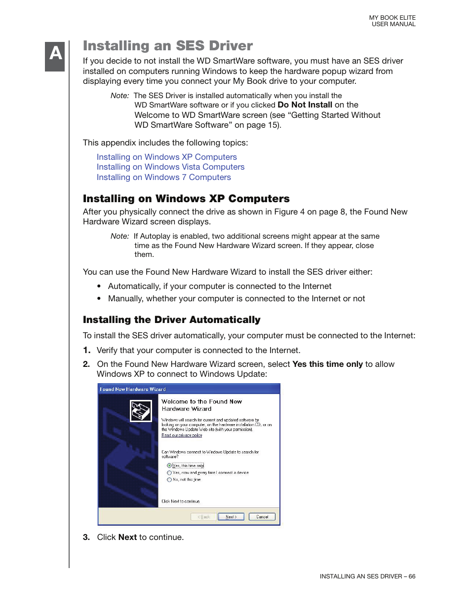Installing an ses driver, Installing on windows xp computers, Installing the driver automatically | Western Digital My Book Elite User Manual User Manual | Page 71 / 85