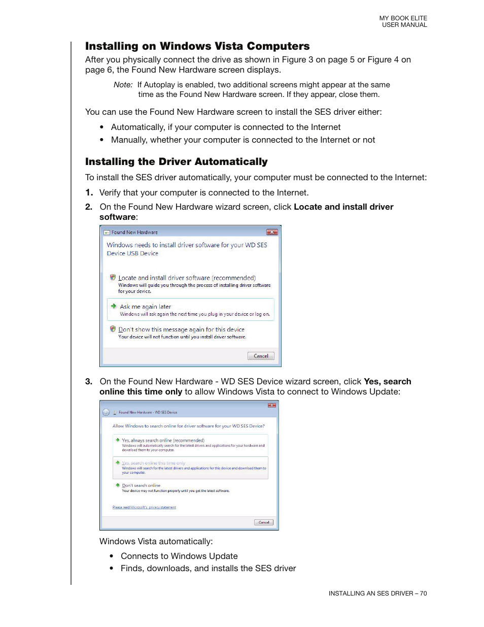 Installing on windows vista computers, Installing the driver automatically | Western Digital My Book Elite User Manual User Manual | Page 75 / 85