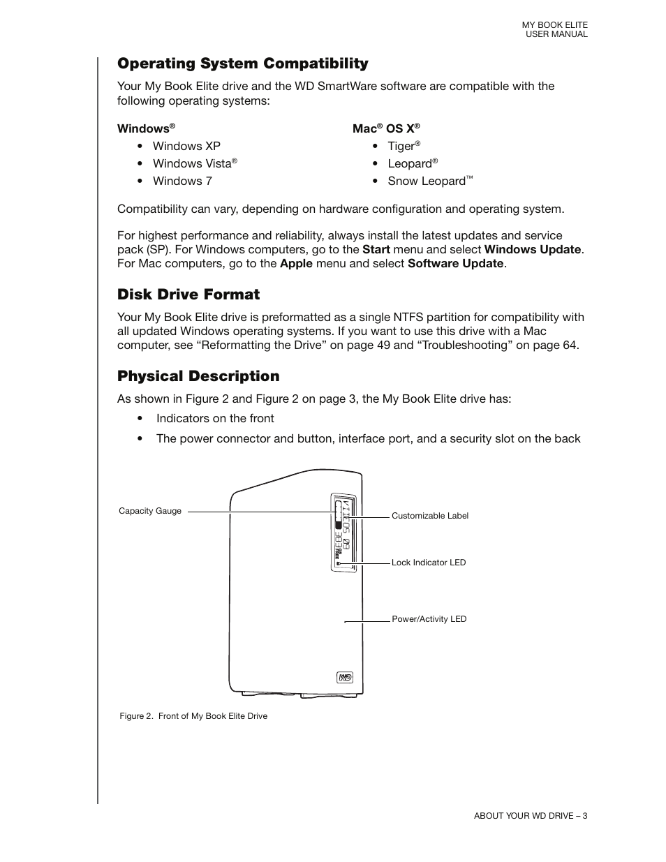 Operating system compatibility, Disk drive format, Physical description | Western Digital My Book Elite User Manual User Manual | Page 8 / 85