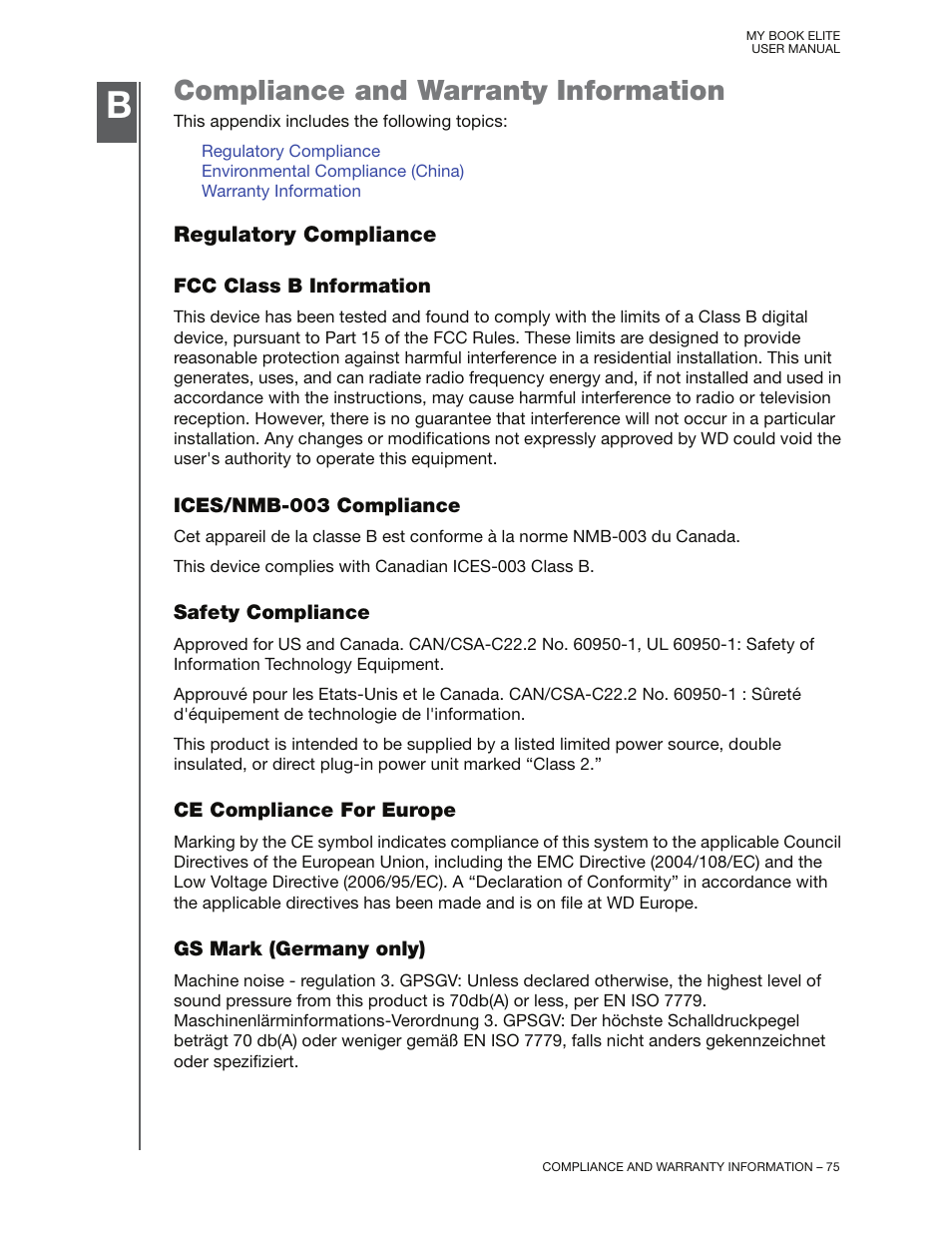 Compliance and warranty information, Regulatory compliance, Fcc class b information | Ices/nmb-003 compliance, Safety compliance, Ce compliance for europe, Gs mark (germany only) | Western Digital My Book Elite User Manual User Manual | Page 80 / 85