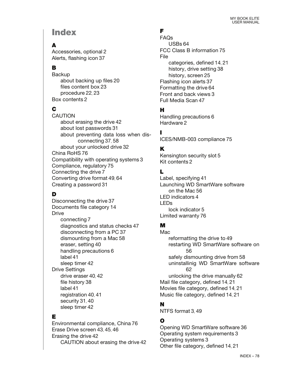 Index | Western Digital My Book Elite User Manual User Manual | Page 83 / 85