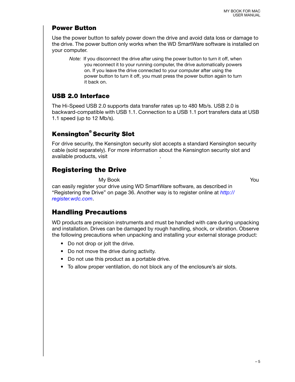 Power button, Usb 2.0 interface, Kensington® security slot | Registering the drive, Handling precautions, Kensington, Registering the drive handling precautions | Western Digital My Book for Mac User Manual User Manual | Page 10 / 78