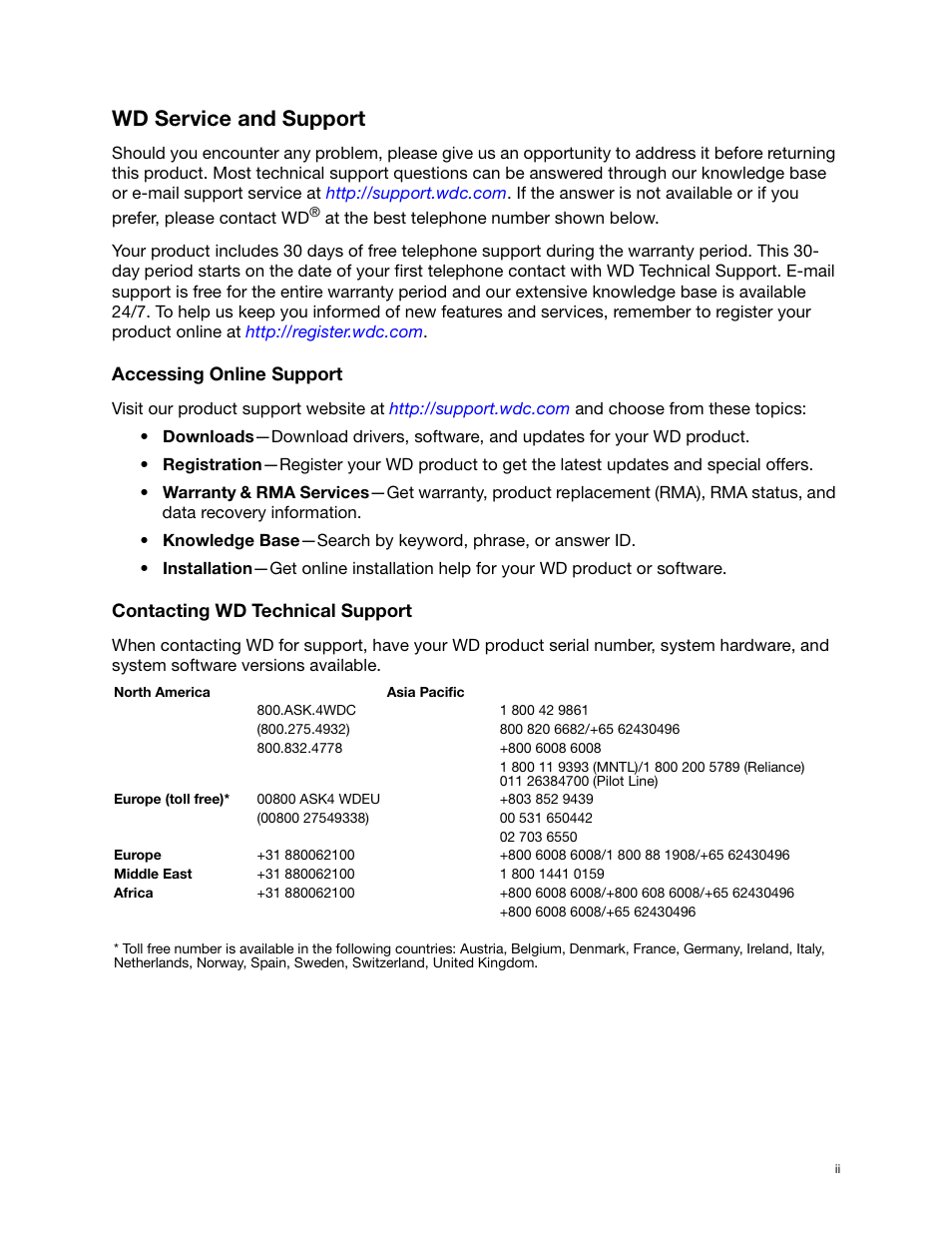 Wd service and support, Accessing online support, Contacting wd technical support | Western Digital My Book for Mac User Manual User Manual | Page 2 / 78