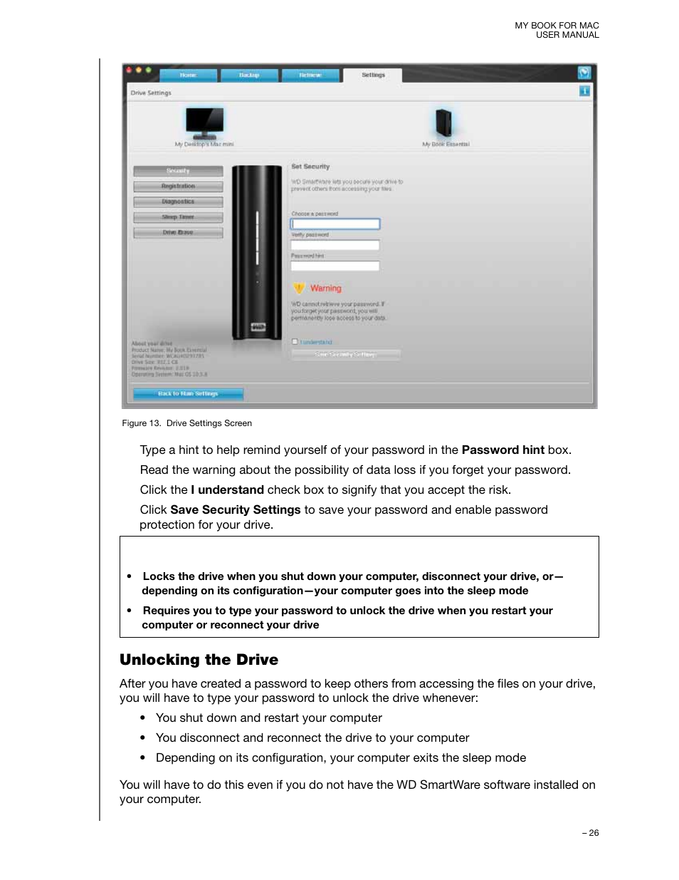 Unlocking the drive | Western Digital My Book for Mac User Manual User Manual | Page 31 / 78