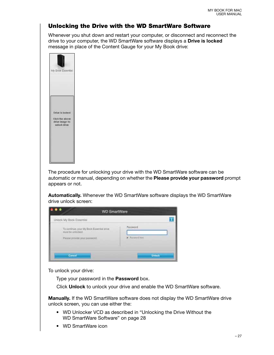 Unlocking the drive with the wd smartware software | Western Digital My Book for Mac User Manual User Manual | Page 32 / 78