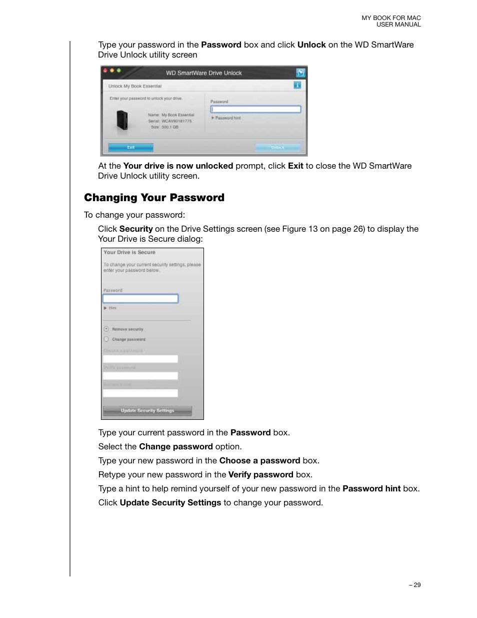 Changing your password | Western Digital My Book for Mac User Manual User Manual | Page 34 / 78
