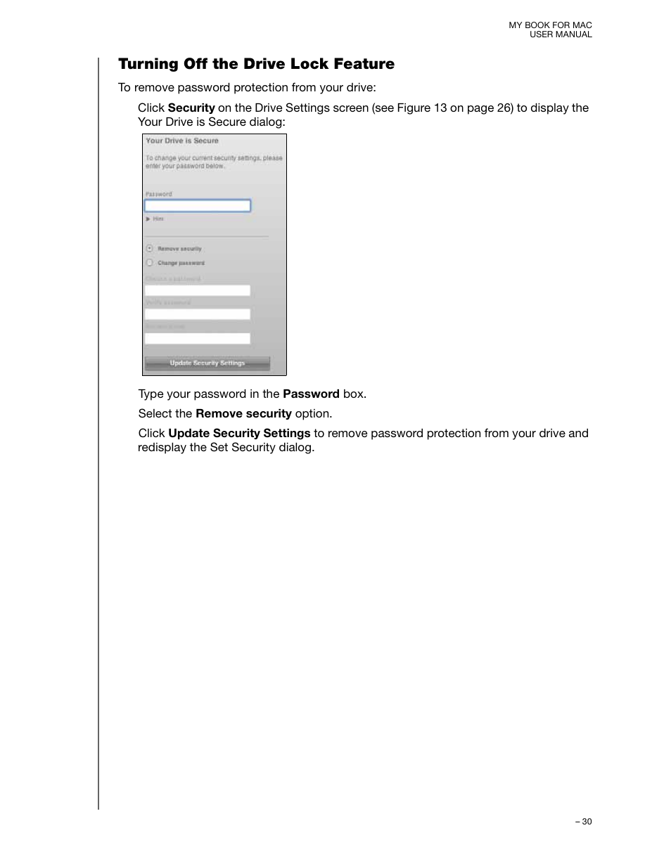 Turning off the drive lock feature | Western Digital My Book for Mac User Manual User Manual | Page 35 / 78
