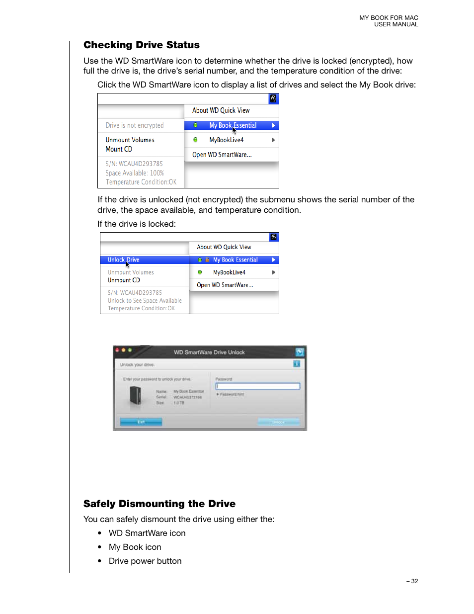 Checking drive status, Safely dismounting the drive | Western Digital My Book for Mac User Manual User Manual | Page 37 / 78