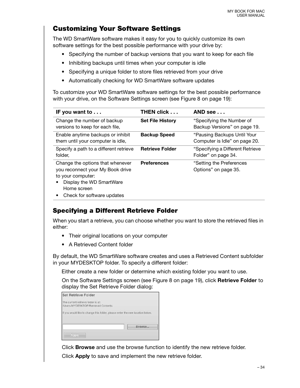 Customizing your software settings, Specifying a different retrieve folder | Western Digital My Book for Mac User Manual User Manual | Page 39 / 78