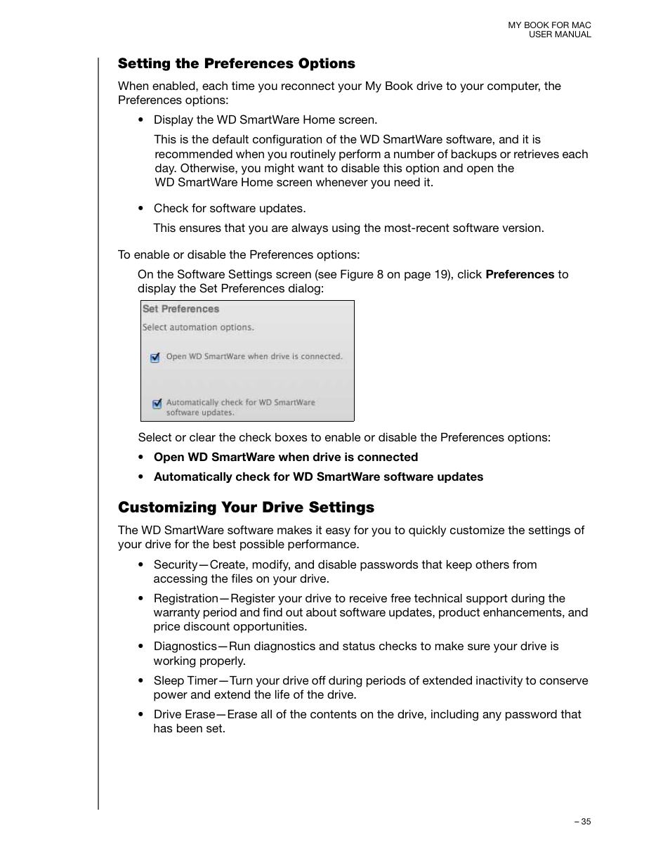 Setting the preferences options, Customizing your drive settings | Western Digital My Book for Mac User Manual User Manual | Page 40 / 78