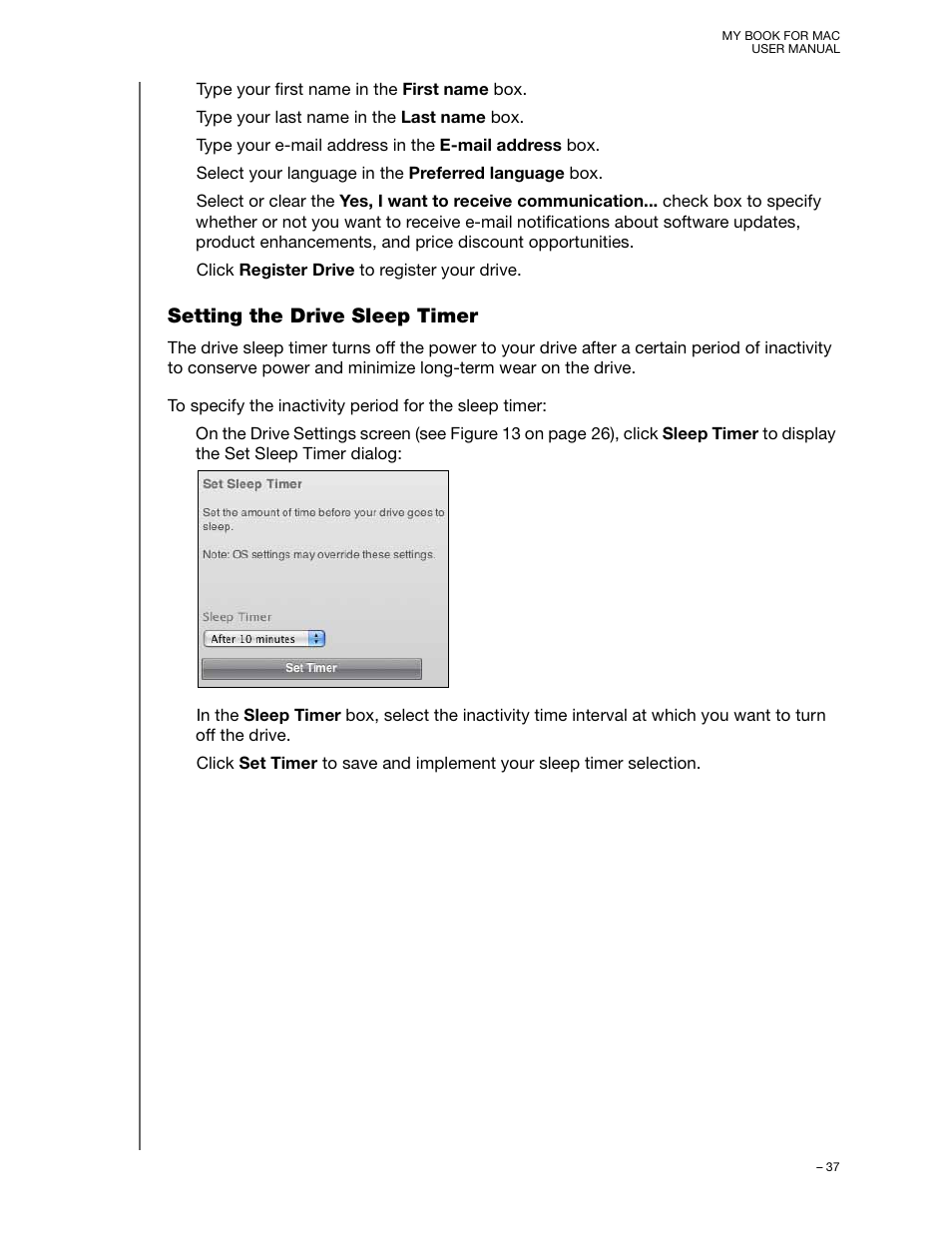 Setting the drive sleep timer | Western Digital My Book for Mac User Manual User Manual | Page 42 / 78